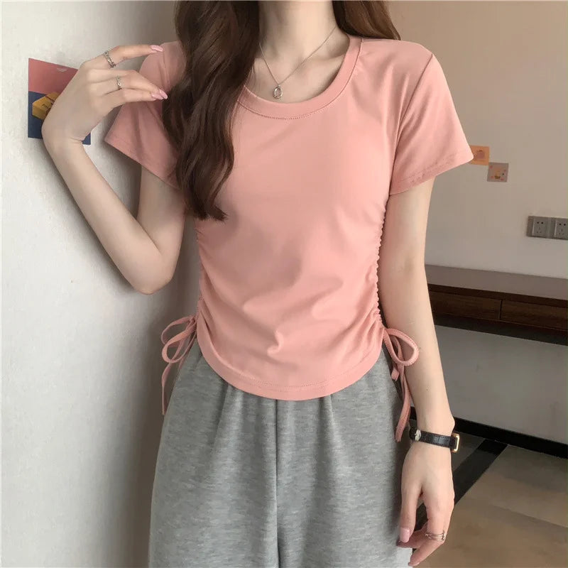 Drawstring Short Sleeve T-shirt Women Spring Summer Spicy Style Slim Fit Short Unique Top M L Xl 2XL Korean Casual Style - AMULET RING STORE