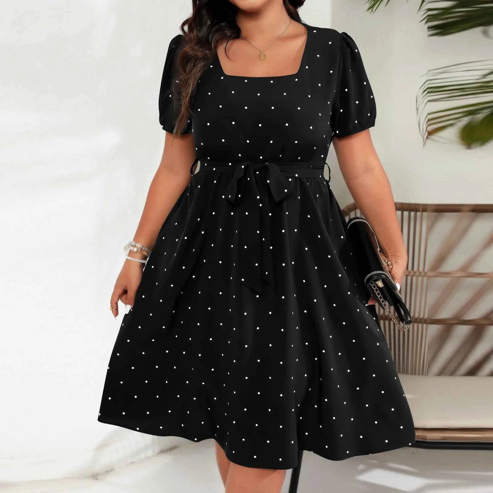 Plus Size Ladies Elegant Retro Polka Dot Waist Tie Square Neck Dress Classic Fashion Summer Short Sleeve Vacation A-line Skirt