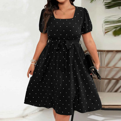 Plus Size Ladies Elegant Retro Polka Dot Waist Tie Square Neck Dress Classic Fashion Summer Short Sleeve Vacation A-line Skirt
