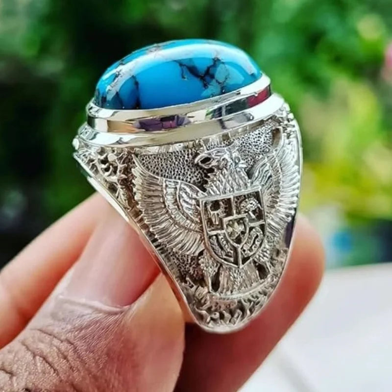 Turkish Handmade Men Vintage Big Turquoise Double Eagle National Emblem Pattern Rings AMULET RING STORE