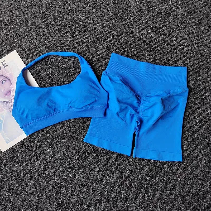 2 Pieces Yoga Suit for Women Seamless Fitness Gym Clothes Halter Sports Bra Matching Impact Shorts Workout Sets Gym Outfit