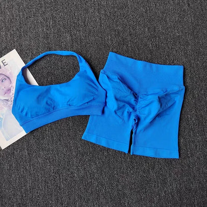 2 Pieces Yoga Suit for Women Seamless Fitness Gym Clothes Halter Sports Bra Matching Impact Shorts Workout Sets Gym Outfit