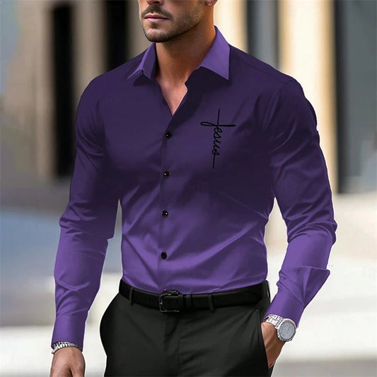 Simple Jesus Pattern Shirts For Men Spring Autumn Fashion 3D Printed Gradient Christian Long Sleeve Shirt Casual Loose Blouse