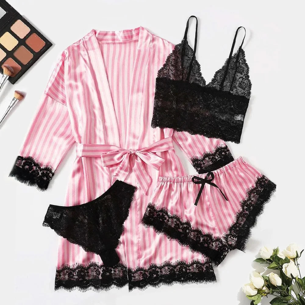 2025New Women's Pajama Fashion 4-piece Set Lace Satin Strap Sexy Pajama Set Dress Skin friendly Comfortable Casual Pajama Skirt - AMULET RING STORE