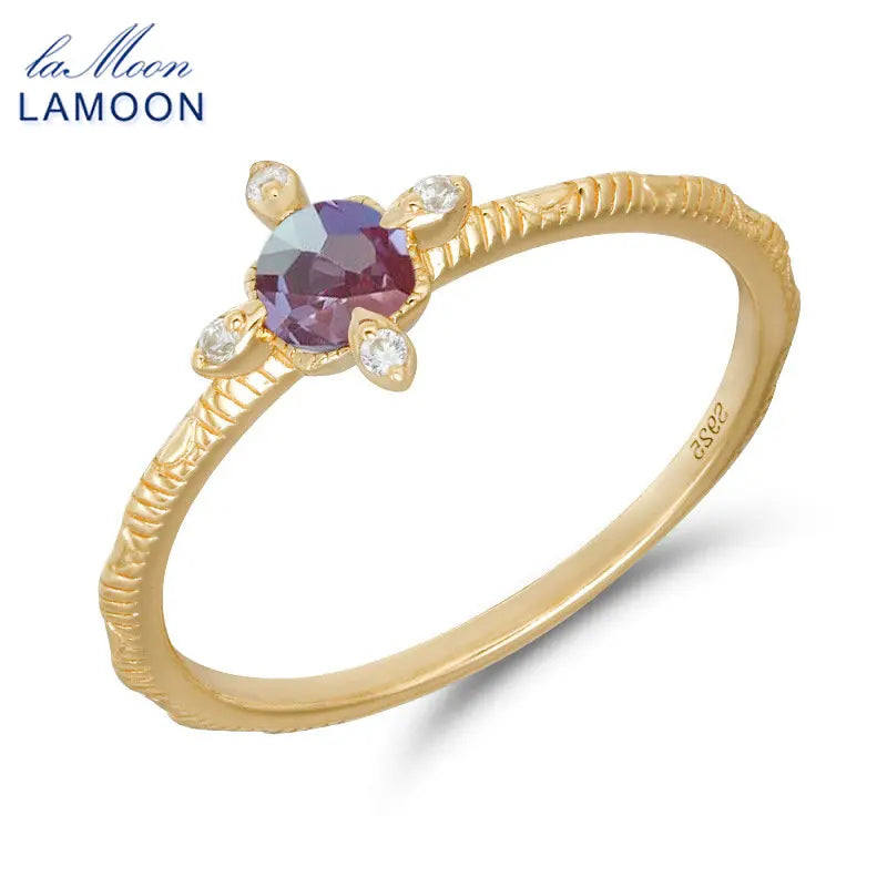 LAMOON Synthetic Blue Purple Alexandrite Ring For Women Pinky Knuckle Thin Rings 925 Sterling Silver Light Gold Vermeil Jewelry