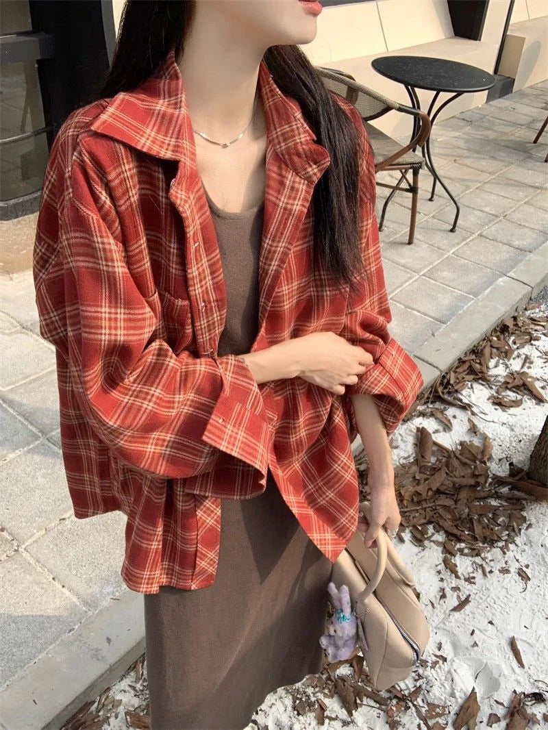 Zoki American Y2K Plaid Shirt Women Loose Streetwear Long Sleeve Vintage Blouse Casual Oversize All Match Female Spring Tops New - AMULET RING STORE