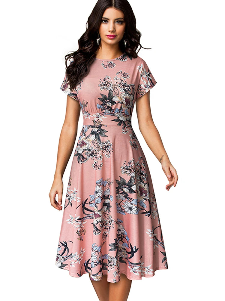 Nice-forever Vintage Elegant Floral Print Pleated Round neck vestidos A-Line Pinup Business Party Women Flare Swing Dress A102