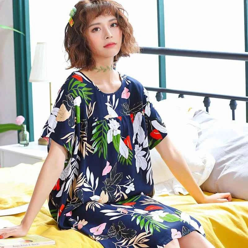 Women summer cotton nightgowns short-sleeved Korean loose big yards 4XL fit 100 kg nightshirt female floral print night dress