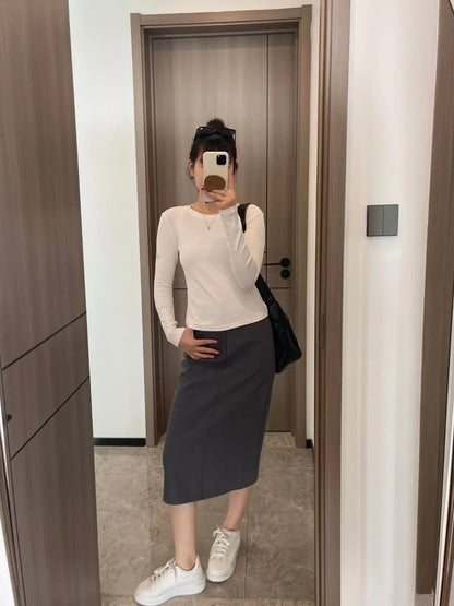 Women's Sports Quick Drying Fitness Yoga Top Simple Black White Long Sleeved Threaded T-shirt Fashion Solid Color Cotton T-shirt