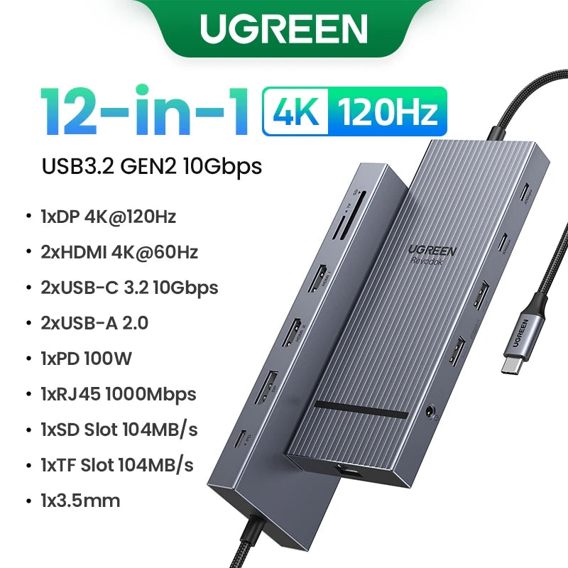 UGREEN USB HUB 4K120Hz DP Type-C to 4K60Hz 2xHDMI SD/TF RJ45 3.5mm USB3.2 Gen2 10Gbps Data for Laptop Dell HP Lenovo Accessories