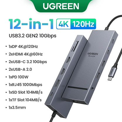 UGREEN USB HUB 4K120Hz DP Type-C to 4K60Hz 2xHDMI SD/TF RJ45 3.5mm USB3.2 Gen2 10Gbps Data for Laptop Dell HP Lenovo Accessories