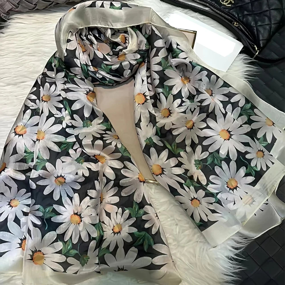 Brand Beige Cartoon Cat 100% Silk Scarf Shawl Bufanda Women Spring Fall Fashion Large Size Winter Long Scarves Bufanda 180*110cm