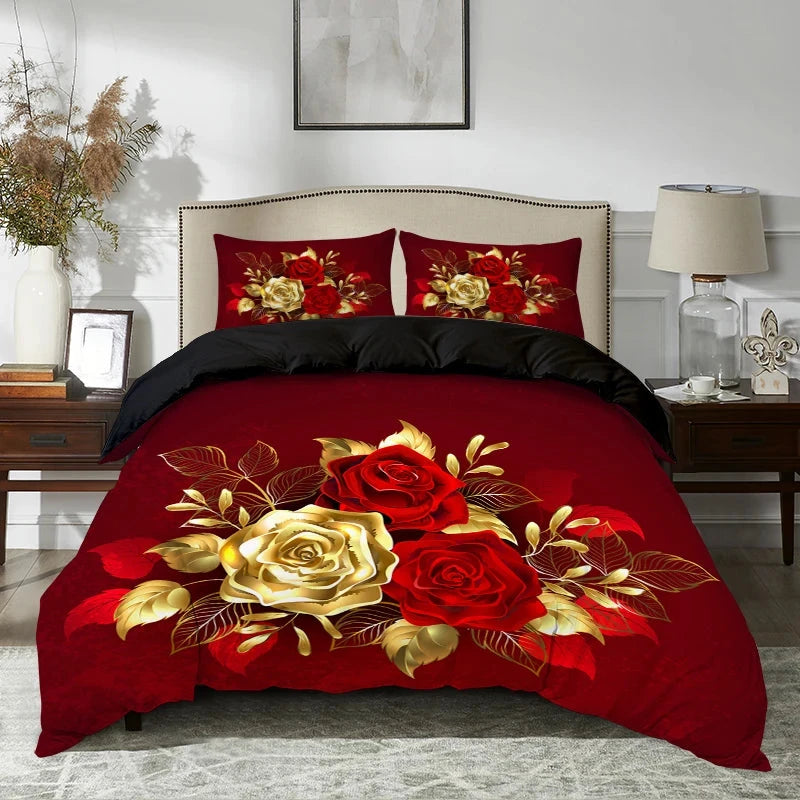 3pcs Golden Rose Duvet Cover Set，Soft And Breathable Bedroom And Dormitory Bedding，Includ (Duvet Cover*1+Pillowcase*2) - AMULET RING STORE