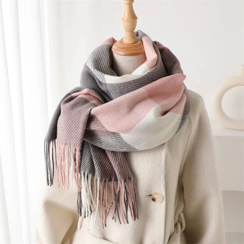Plaid Imitation Cashmere Blanket Winter Women Scarf Designer Thick Warm Pashmina Shawl Wraps Tassel Poncho Stoles Echarpe Unisex