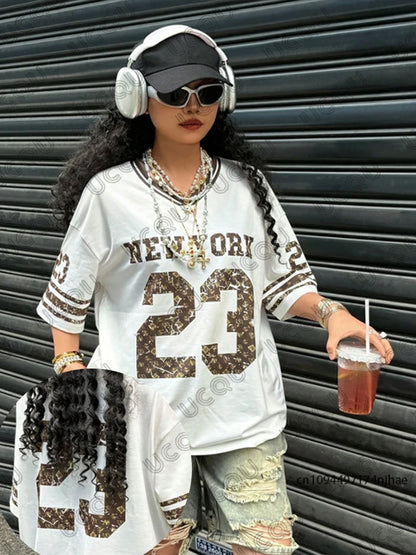 Oversized T-shirt Clothes For Women V-Neck Summer Short Sleeve Patchwork New York 23 Print Sports Tees Football Jersey Y2k Tops - AMULET RING STORE