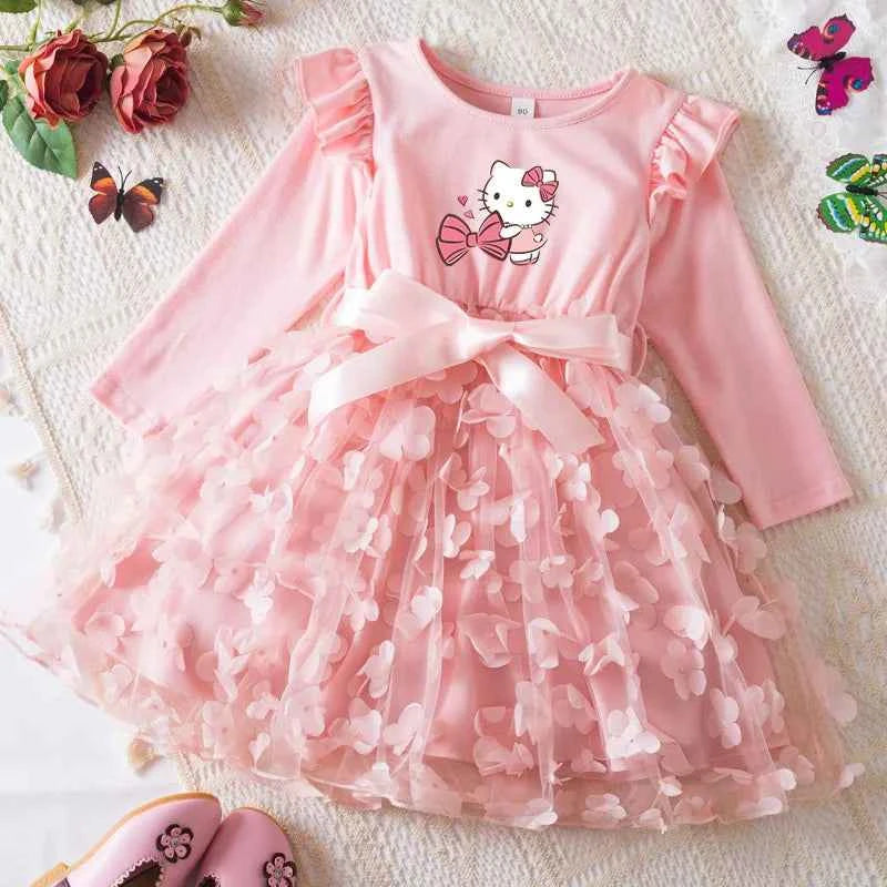 Hello Kitty Autumn Dress for Kid's Casual Clothes 3D Butterfly Cute Long Sleeve Baby Girls Princess Dress Party Dresses 2-6 Yrs