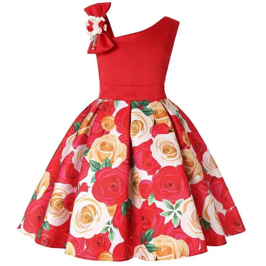 Summer Girls Rose Print Dress Princess Wedding Birthday Party Frocks Satin Children Vestidos Dresses For Girl Christmas Clothing
