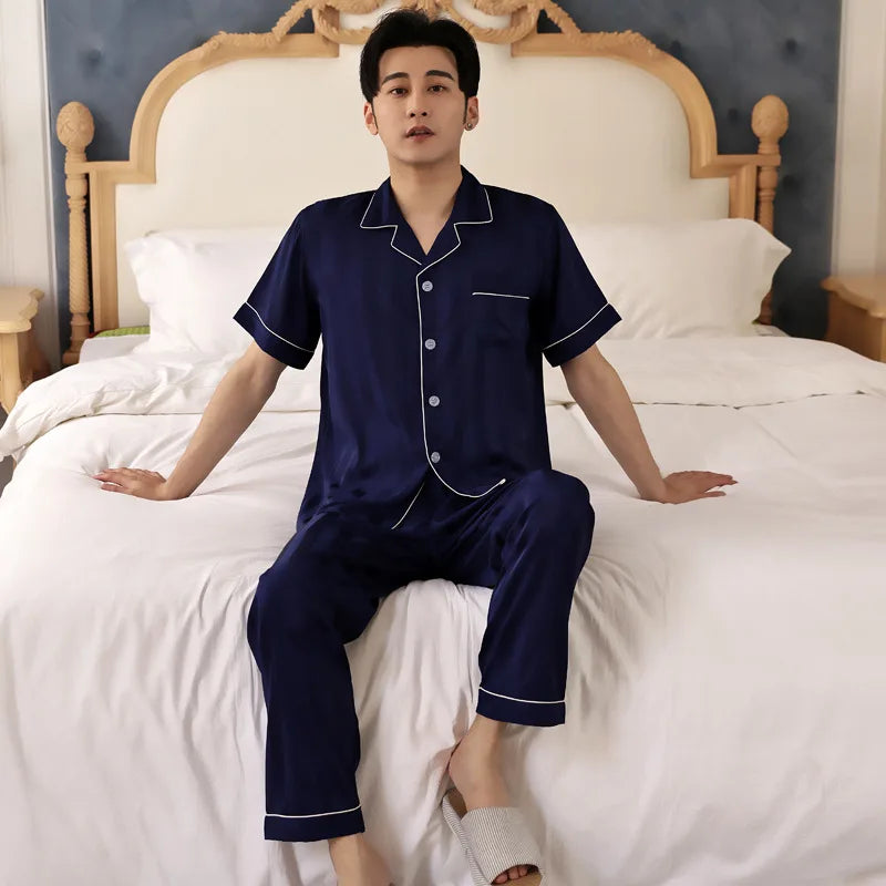 High Quality Pajamas Set Men Spring Autumn Thin Polyester Ice Silk Long-sleeved Sleepwear Plus Size Summer Home Clothes Male