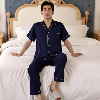 High Quality Pajamas Set Men Spring Autumn Thin Polyester Ice Silk Long-sleeved Sleepwear Plus Size Summer Home Clothes Male