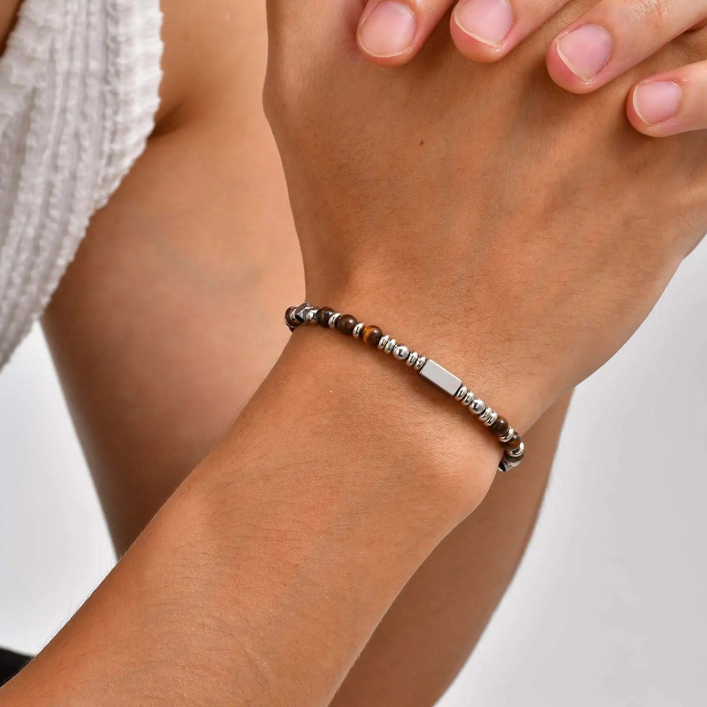 Trendy Unique Natural Stone Beaded Bracelet, Stainless Steel Chain Wristband Bracelet, Classic Tiger Eye Stone Jewelry for Men