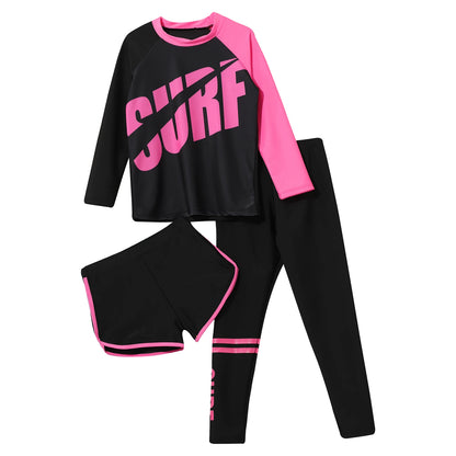 3Pcs Kids Girls Colorful Print Swimsuit Swimwear Long Sleeve Top+Shorts with Pants Set Sun Protection Rash Guard Swimming Outfit - AMULET RING STORE