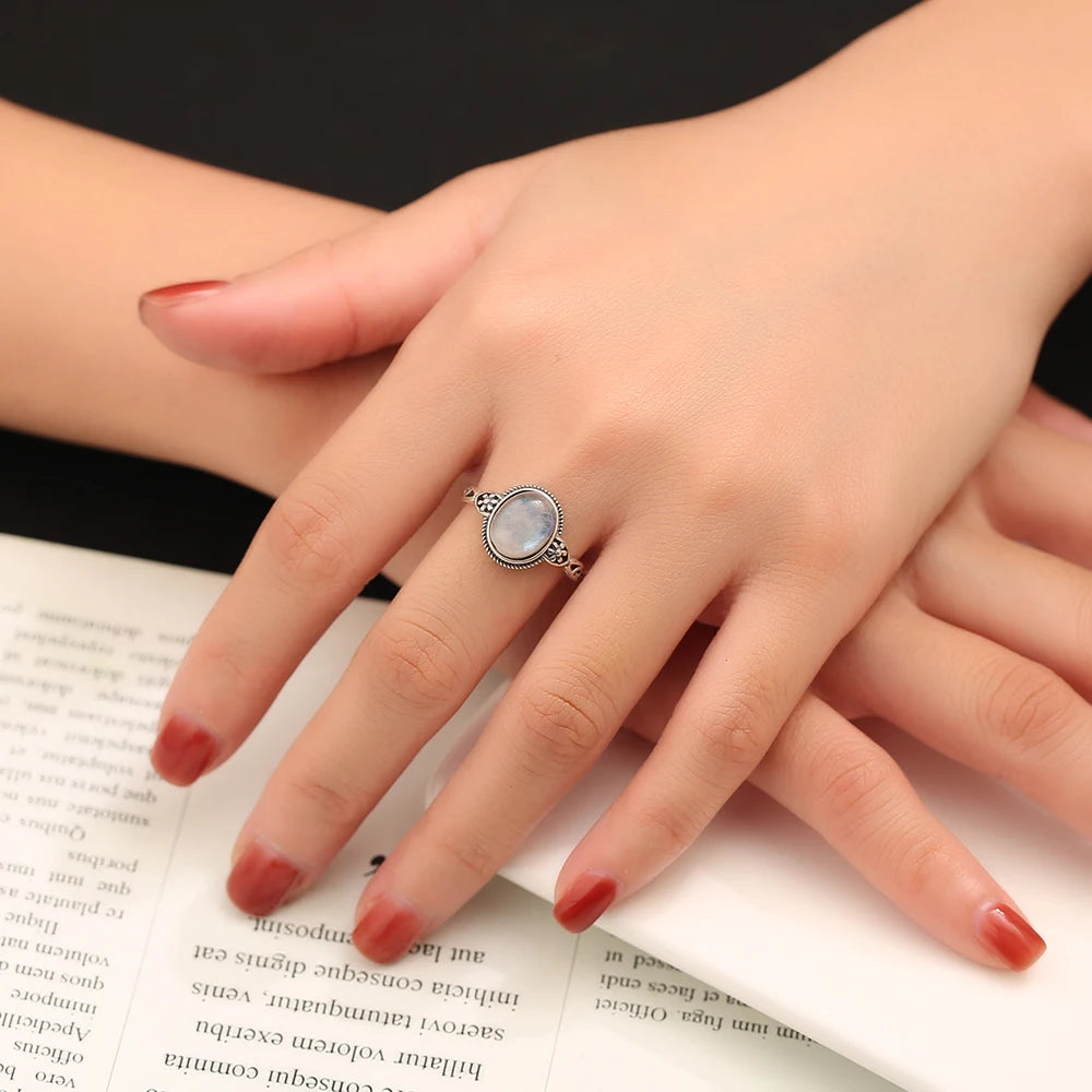 Natural Moonstone Ring 925 Sterling Silver Adjustable Vintage Boho Jewelry 10x8mm Oval Gemstone Healing Crystal Gift - AMULET RING STORE