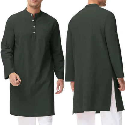 Inheritance of Ethnic Culture! Men's Long-Sleeve Thobe with Side Slits and Buttons, Classic Style of Traditional Ethnic Clothing