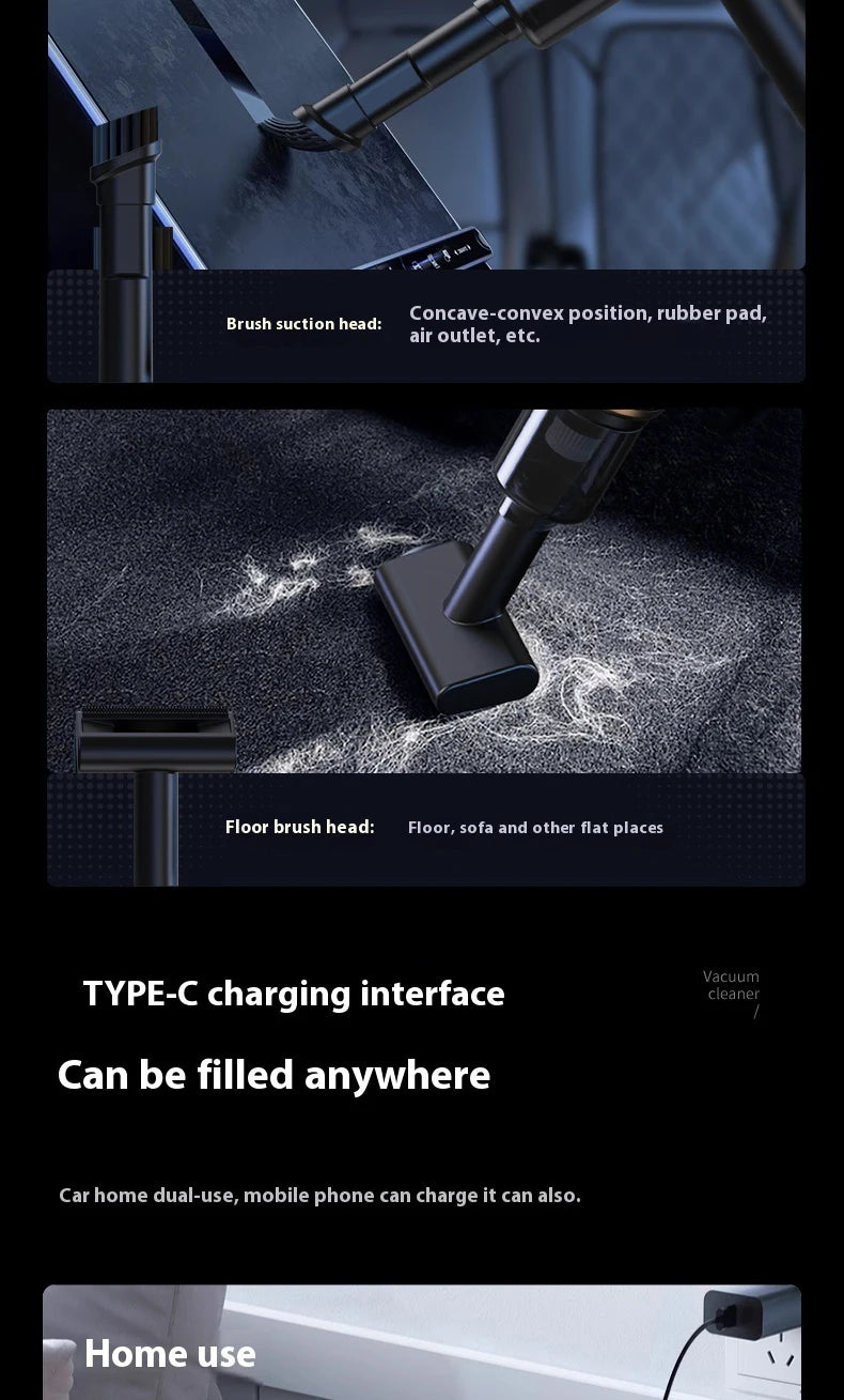 High power portable wireless vacuum cleaner, compatible with both car and home use, equipped with various accessories