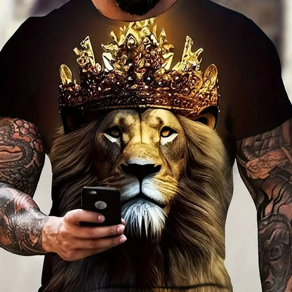 Lion and Crown Cool 3D Graphic Printing Men's Novelty Short Sleeve Round Neck T-shirt, Summer Outdoor - AMULET RING STORE