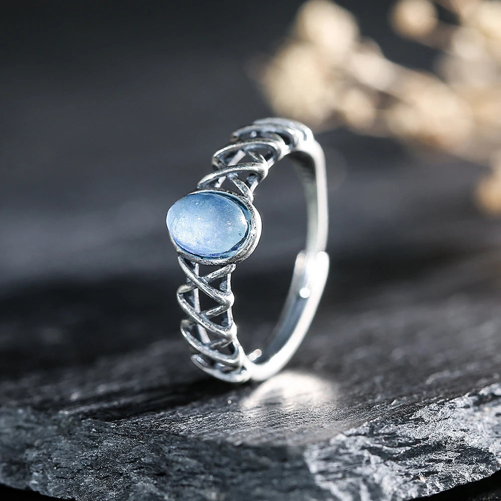 7*5mm Natural Aquamarine 925 Sterling Silver Women's Ring Handmade Adjustable Open Bands Vintage Boho Jewelry Gifts - AMULET RING STORE