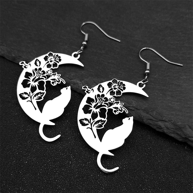 Aesthetic Cat Flower Moon Crescent Necklace for Women Men Stainless Steel Silver Color Bohemia Chain Gift Jewelry collar 3220