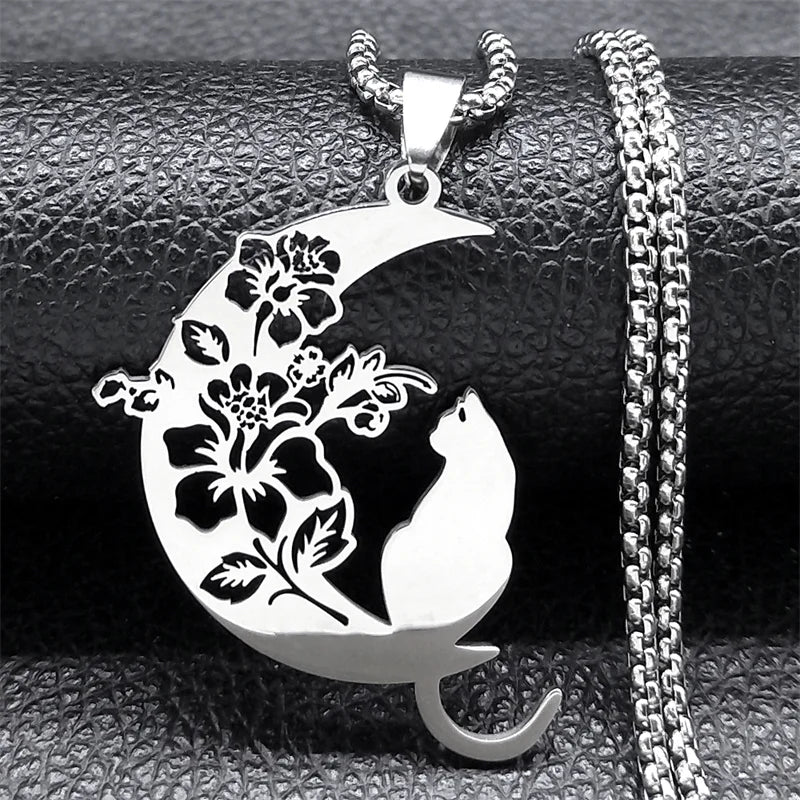 Aesthetic Cat Flower Moon Crescent Necklace for Women Men Stainless Steel Silver Color Bohemia Chain Gift Jewelry collar 3220
