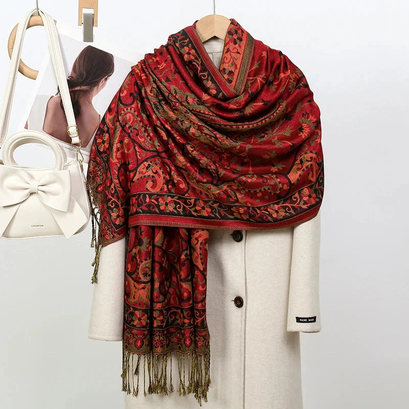 Luxury Pashimina Embroidery Muslim Hijab for Women Winter scarf Pareo Cape Warm Chunky Heaqdscarf Blue Lady Elegant Poncho - AMULET RING STORE