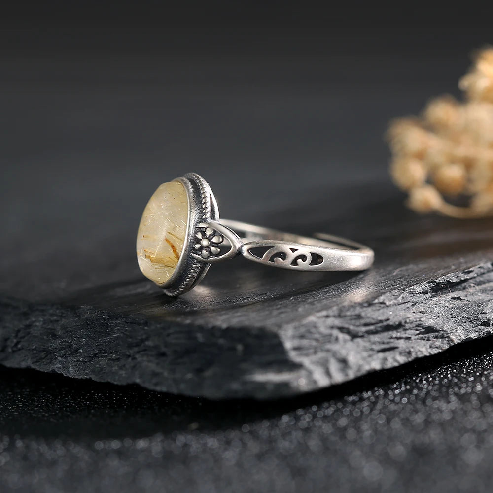 Natural Crystal Ring S925 Silver Adjustable Open Bands Rutilated Quartz Healing Stone Golden Needles Handmade Boho Jewelry - AMULET RING STORE