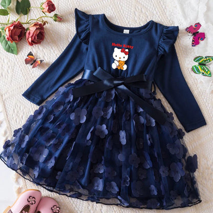 Hello Kitty Autumn Dress for Kid's Casual Clothes 3D Butterfly Cute Long Sleeve Baby Girls Princess Dress Party Dresses 2-6 Yrs