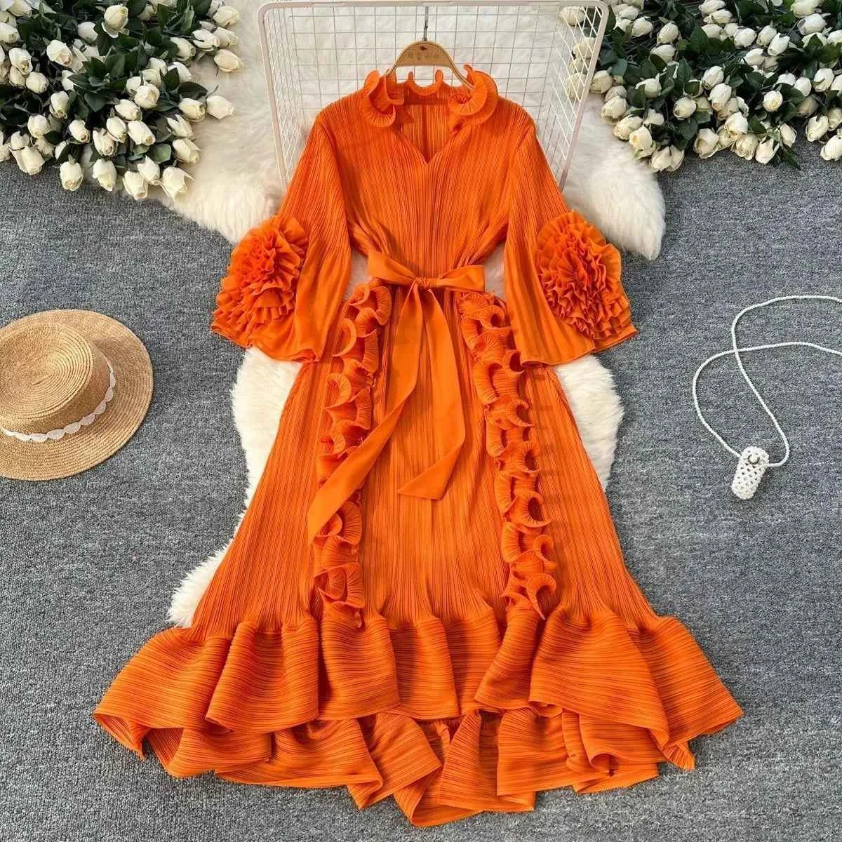 Miyaki Dress, Plus-Size, Ruched, with Fishbone Detailing, Ruffled Belt, Slim-Fit Midi Dress, Elegant and Casual A-Line Pleated Dress with High Elasticity