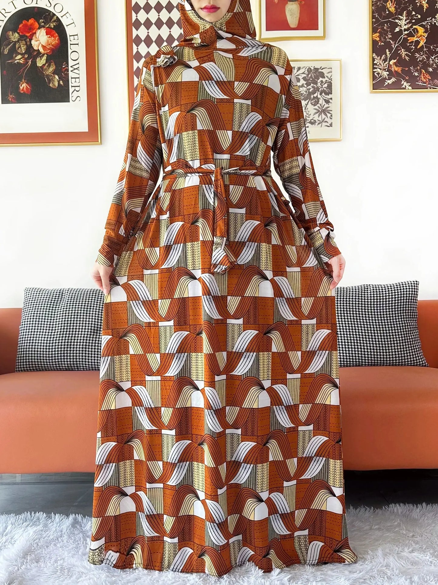 2025 Floral Ramadan Muslim Dress Solid Color Khimar Kaftan Abaya Robe with Attached Hijab Middle East Prayer Garment for Women - AMULET RING STORE