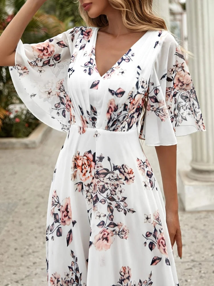Wefads Women Long Dress Summer Casual Sexy V-Neck Lotus Leaf Sleeves Printed Beach Holiday Dresses - AMULET RING STORE