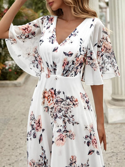 Wefads Women Long Dress Summer Casual Sexy V-Neck Lotus Leaf Sleeves Printed Beach Holiday Dresses - AMULET RING STORE