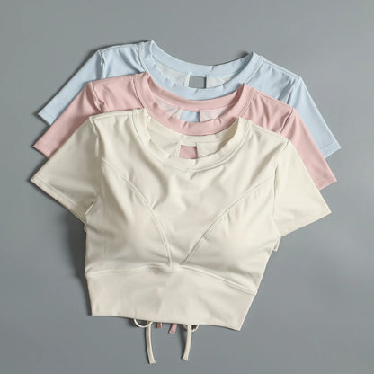 Yoga suit with chest pad sports beauty back fashionable quick-drying short-sleeved T-shirt running Pilates training fitness - AMULET RING STORE