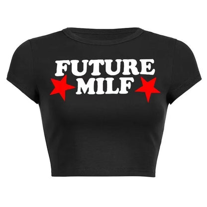 90s FUTURE MILF Stars Print T-shirts Fashion Casual O Neck Short Sleeve Crop Tops Y2K Summer Sexy E-girl Baby Tee Women Clothing - AMULET RING STORE