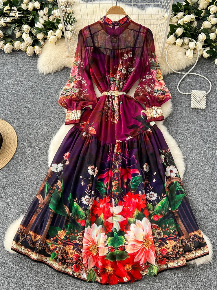 SINGREINY Vintage Print Chiffon Dresses Women Lantern Sleeve O Neck Design Fashion High Quality Court Floral Pleated Long Dress