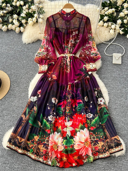 SINGREINY Vintage Print Chiffon Dresses Women Lantern Sleeve O Neck Design Fashion High Quality Court Floral Pleated Long Dress
