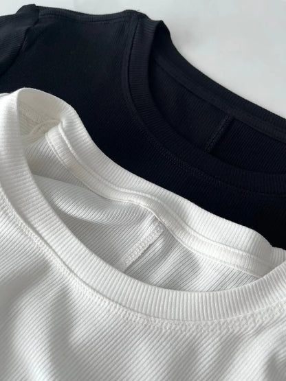 Women's Sports Quick Drying Fitness Yoga Top Simple Black White Long Sleeved Threaded T-shirt Fashion Solid Color Cotton T-shirt