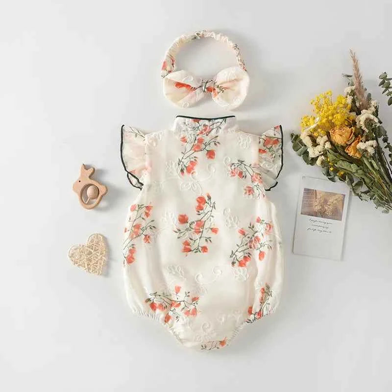 Toddler Girls Traditional Chinese Dress Set with Embroidered Floral Romper Matching Headband and Stylish Summer Outfit for a