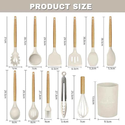 Silicone Cookware Set 12pcs Kitchen Utensil Wooden Handle Non-stick Spatula Shovel Spoon Kitchen Cooking Specialty Tools