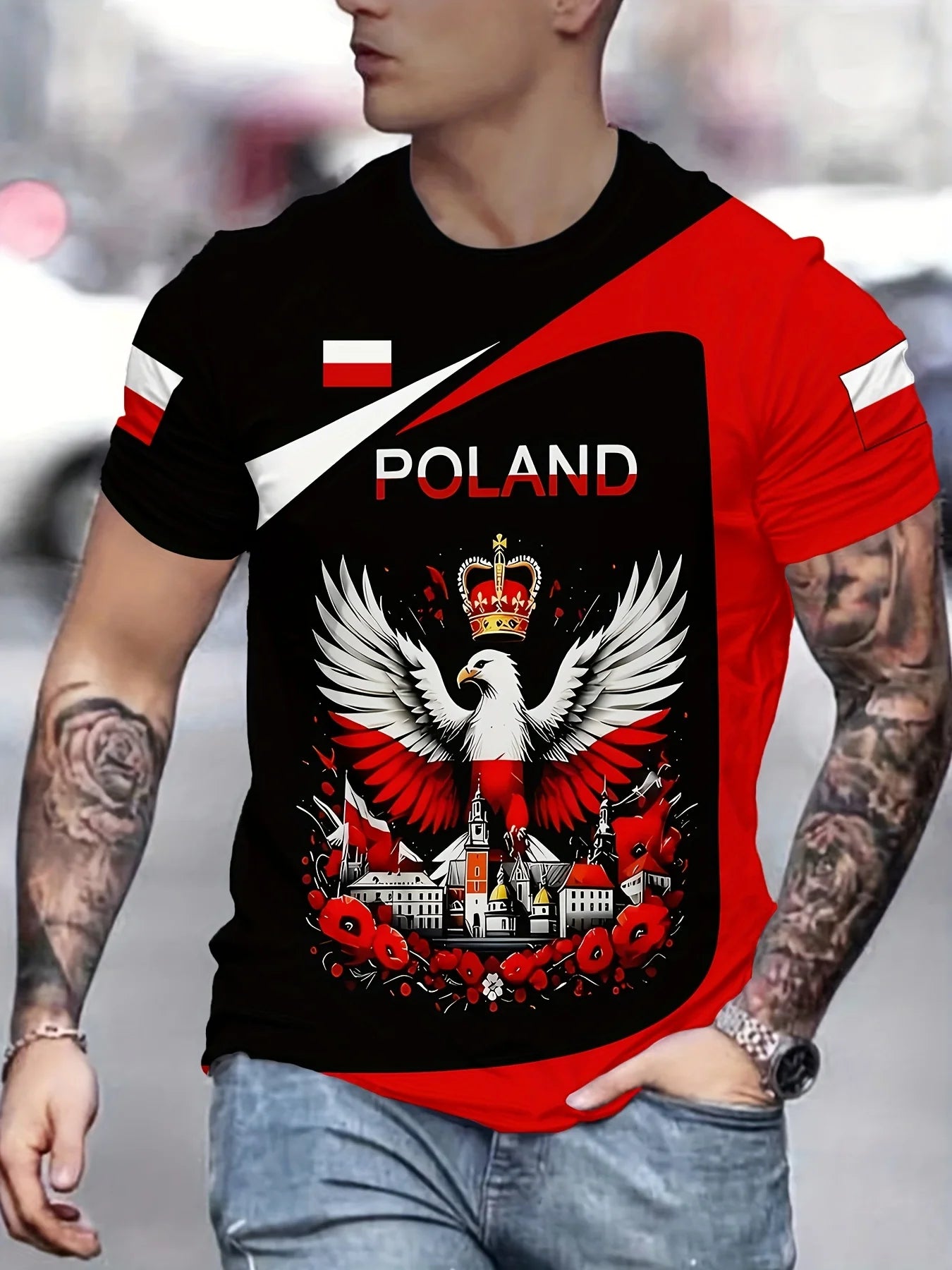 Men's 3D Eagle & Polish Flag Graphic T-Shirt - Patriotic Poland Design Black with Red & White Accents Casual Round Neck Tee - AMULET RING STORE