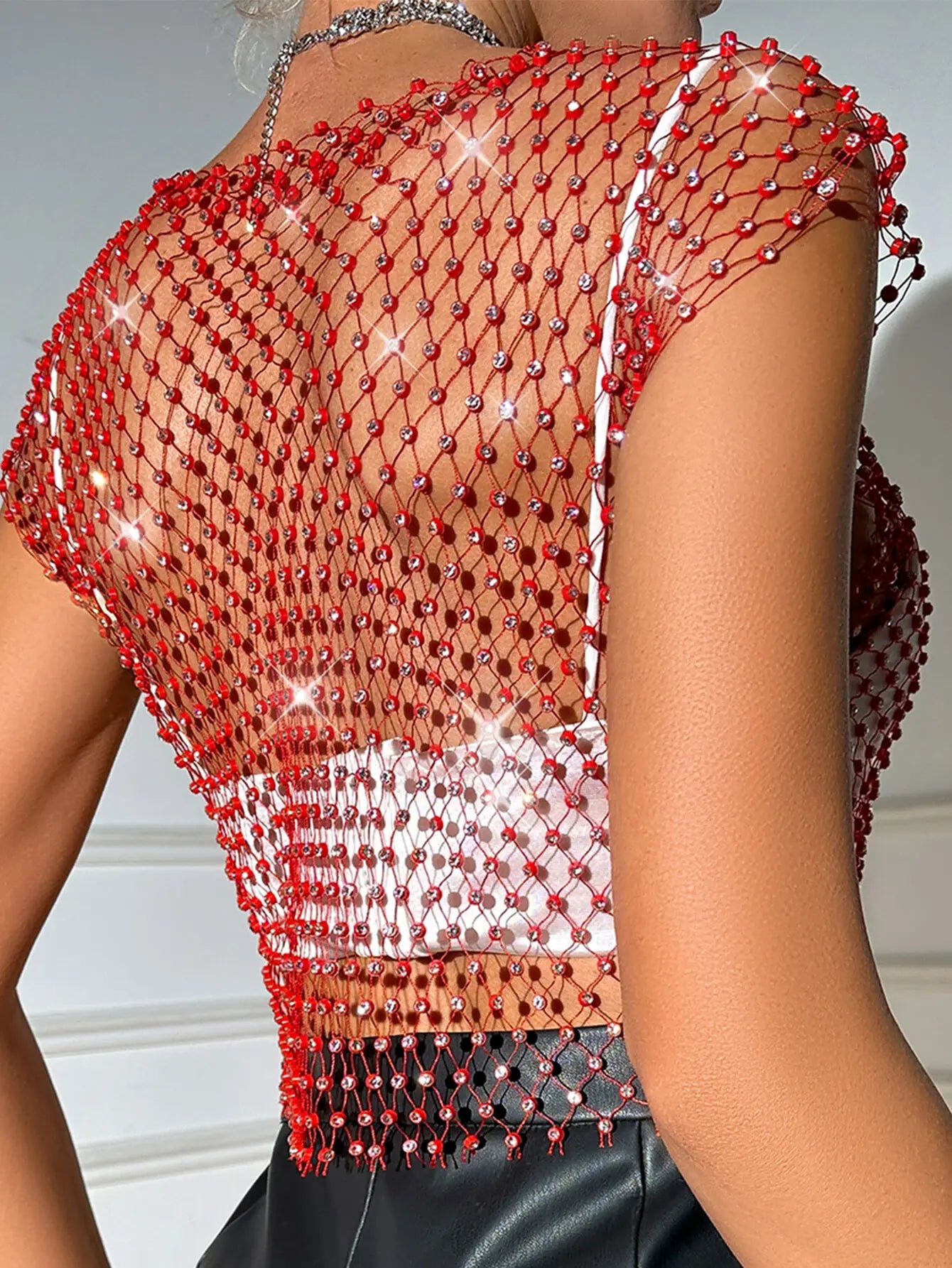 Sexy see through black rhinestone Crop Top Women 2025 Summer Sparkly fishnet beach Party Tank Top night club outfits Tops smock - AMULET RING STORE