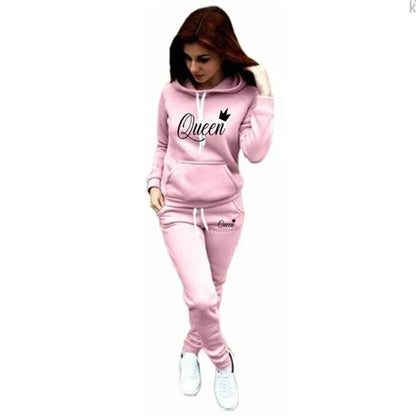 Hot women's 2-piece QUEEN print sports suit sportswear jogging suit women's hooded sportswear suit clothes hoodie+sweatpants - AMULET RING STORE