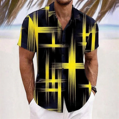 Men's Geometric Plaid Gradient Shirt Fashion Casual Outdoor Vacation Daily Wear Summer Lapel 3D Printed Shirt White Red Blue